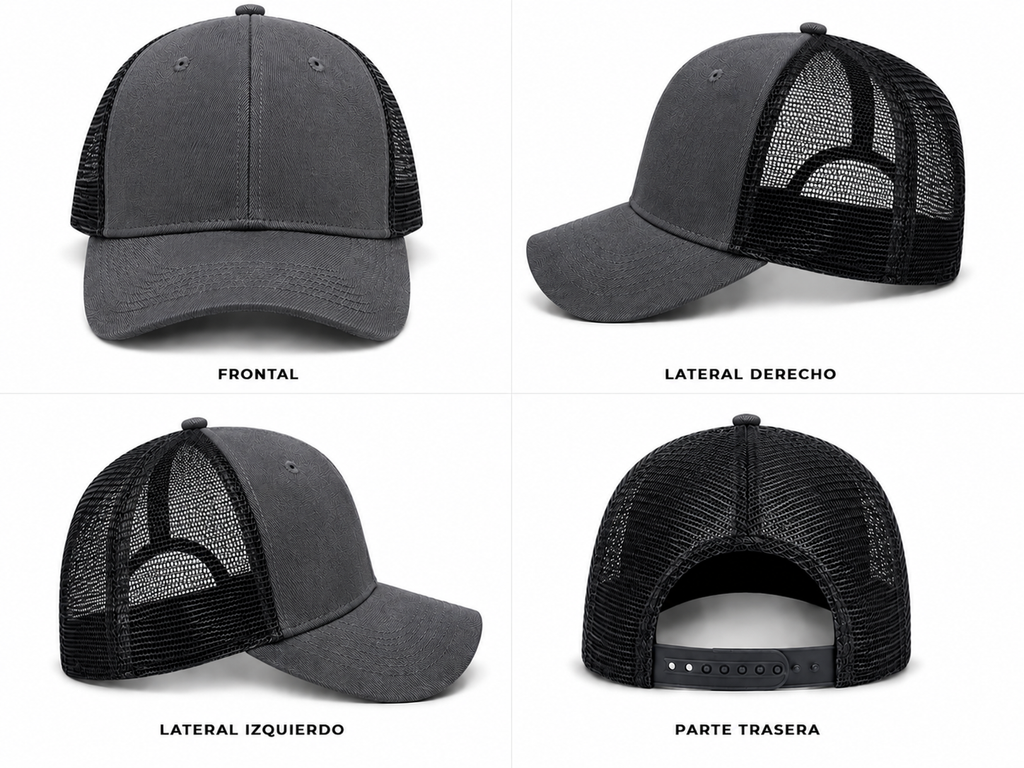 gorra truker gris oscuro con malla negra