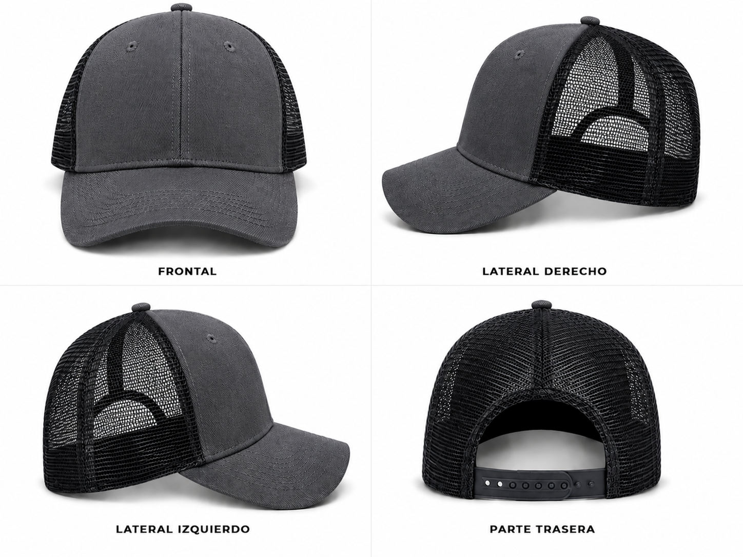gorra truker gris oscuro con malla negra